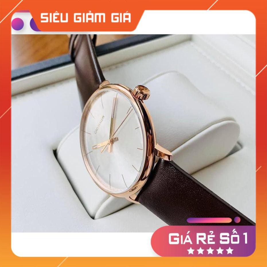 [New 2021] Đồng hồ nam Calvin Klein K8M216G6 dây da nâu , viền vàng , mặt trắng Full Box ⚜️Hàng Authentic⚜️
