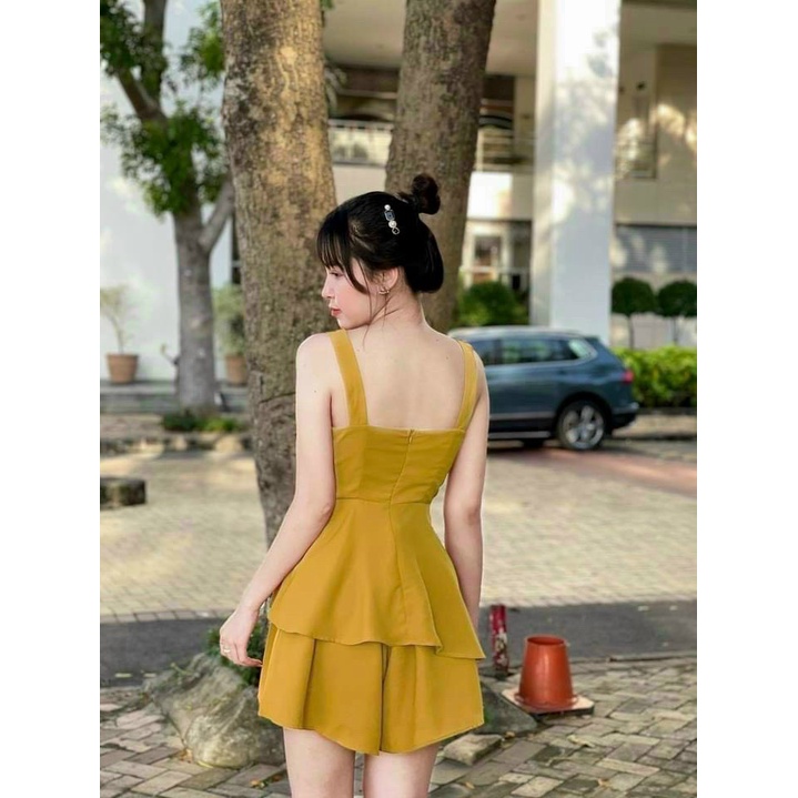 [FRE SHIP] ĐẦM NỮ 2 DÂY PHỐI NƠ TÙNG TẦNG CỰC HOT MÀU VÀNG TÔN DA SÁNG TRẮNG
