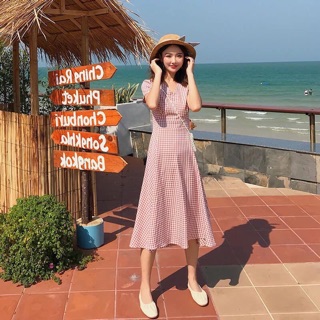 ĐẦM MIDI HỒNG CARO CỔ V (KÈM HÌNH THẬT)