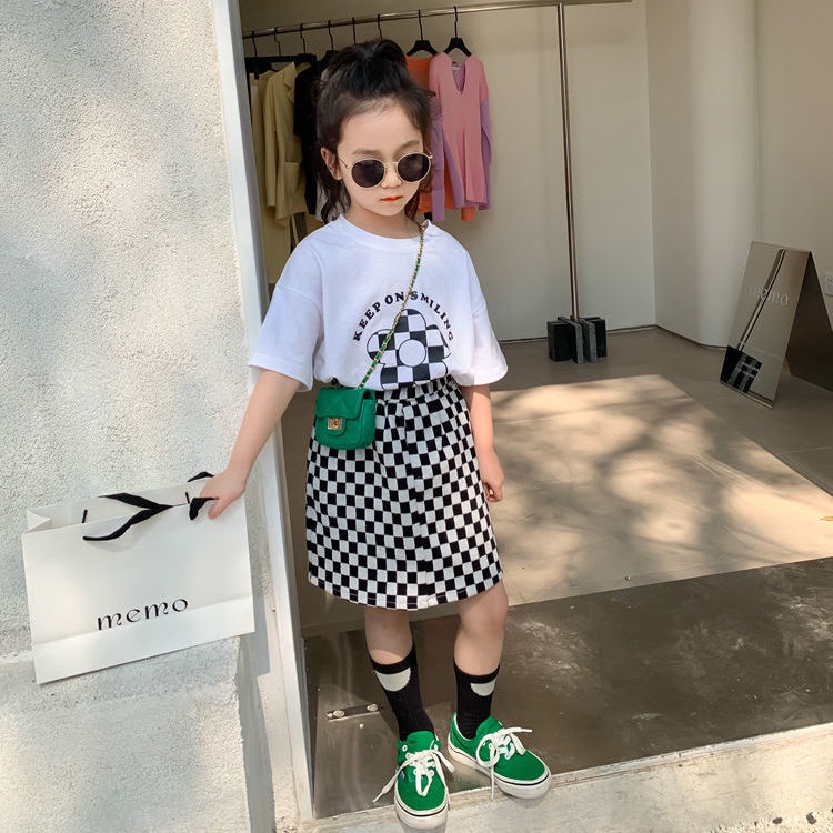 Set Áo Thun Ngắn Tay + Chân Váy Caro Phong Cách Hàn Quốc Thời Trang Mùa Hè Cho Bé Gái