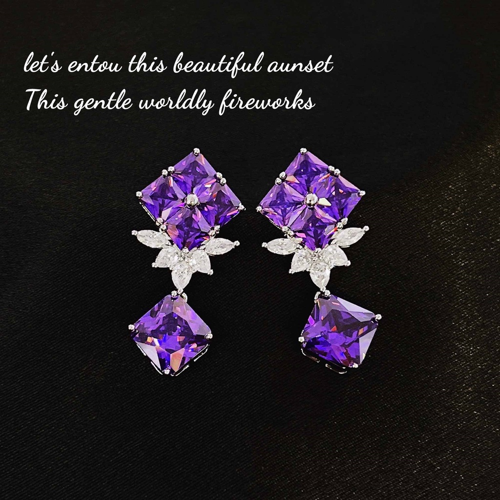 Bộ Vòng cổ + Bông Tai Đính Kim Cương Tím Hình Vuông Dạng Hở-JHS2-S