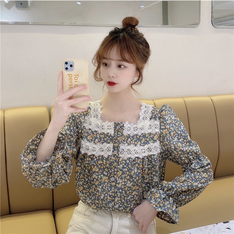 Áo kiểu BH cổ vuông tay dài phối ren phong cách Pháp cổ điển thời trang cho nữ