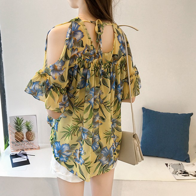 Áo kiểu SUXI chiffon thiết kế hở vai họa tiết hoa quyến rũ thời trang cho nữ