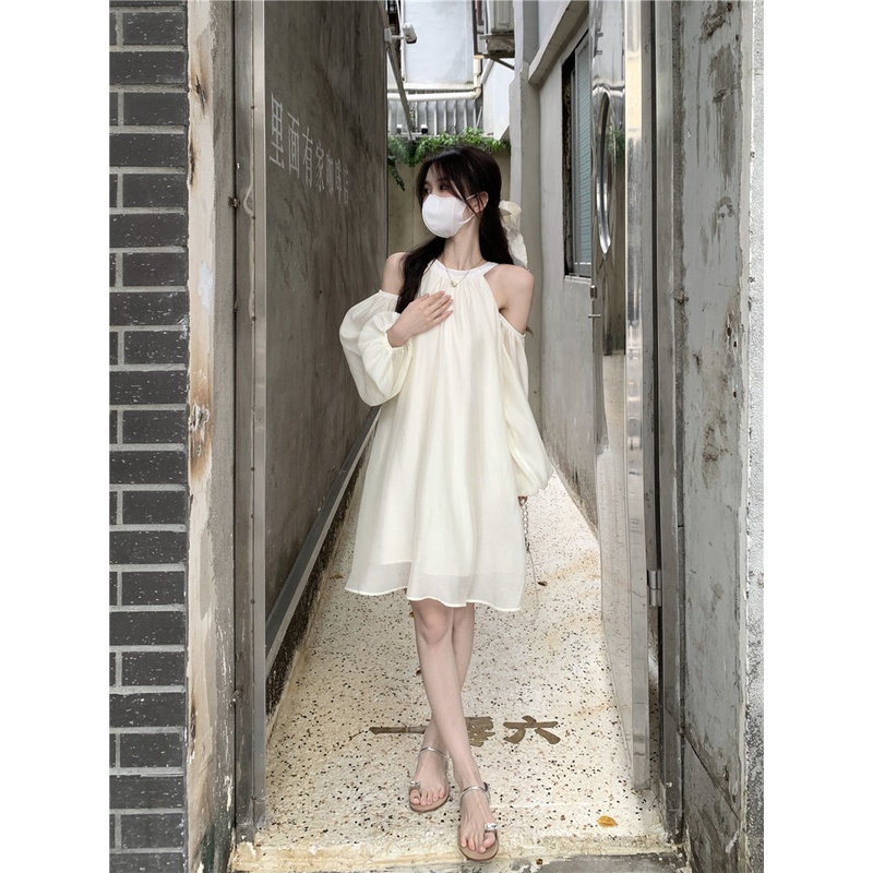 Váy babydoll Đầm Chữ váy xinh váy trắng a Tay Dài Trễ Vai Phong Cách Pháp Thời Trang Mùa Thu Mới 2022