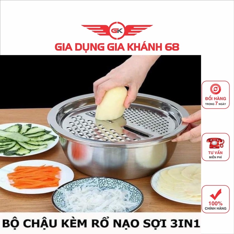 Bộ nạo rau củ 3 món bào Nhật Bản - Rổ nạo rau củ kiêm rổ và chậu inox cao cấp đa năng,tiện lợi