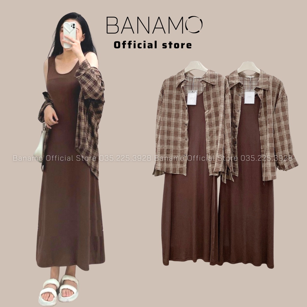 Set váy ba lỗ thun kèm áo sơ mi kẻ caro thời trang Banamo Fashion bộ váy ba lỗ kèm sơ mi caro 113