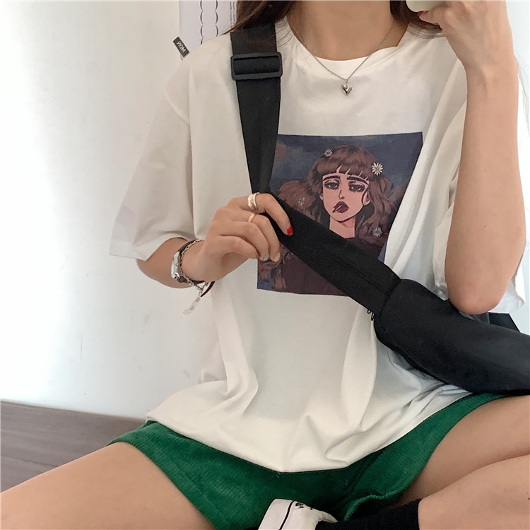 Áo Thun Tay Ngắn In Hình Vẽ Trang Trí Phong Cách Hàn Quốc Dành Cho Bạn Nữ