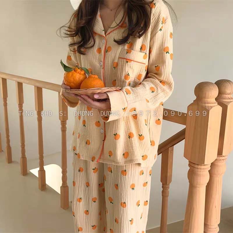 Bộ đồ ngủ dài tay chất liệu Kate Thái mặc thoải mái, bộ pyjama họa tiết xinh xắn - CD0099