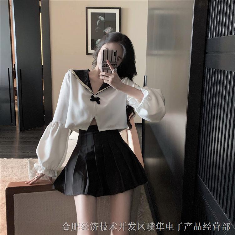 Set Áo Sơ Mi Tay Dài Cổ Thủy Thủ Phối Chân Váy Xếp Ly Thời Trang Mùa Thu Phong Cách Pháp Xinh Xắn Cho Nữ