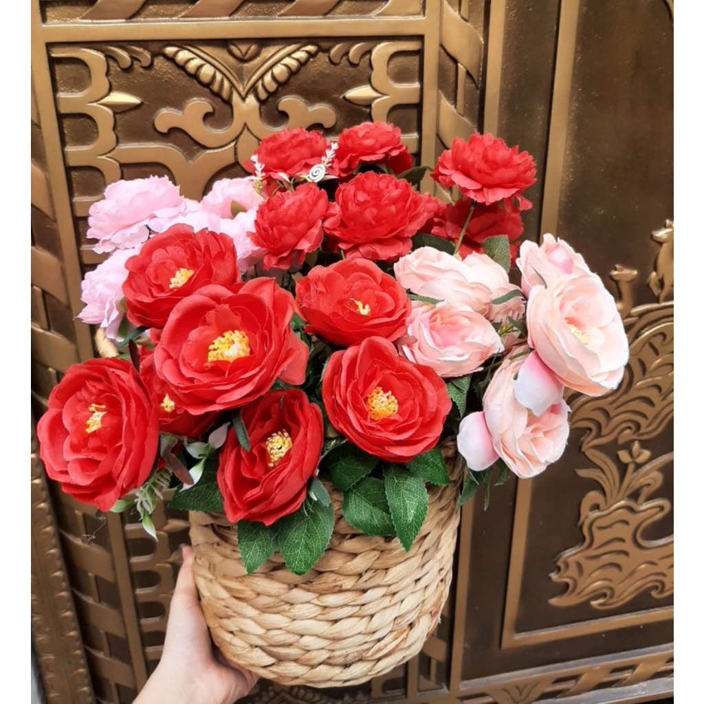 Cành Hoa Hồng Cao Cấp 9 Hoa Nở Dài 40cm. Hoa Giả- Hoa Trang Trí Nhà Cửa-Phụ Kiện Chụp Ảnh.