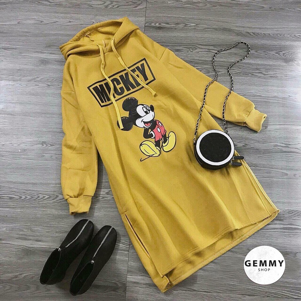 Váy xuông dài, Váy suông bầu thu đông chất nỉ da cá Gemmy House Hoodie mickey