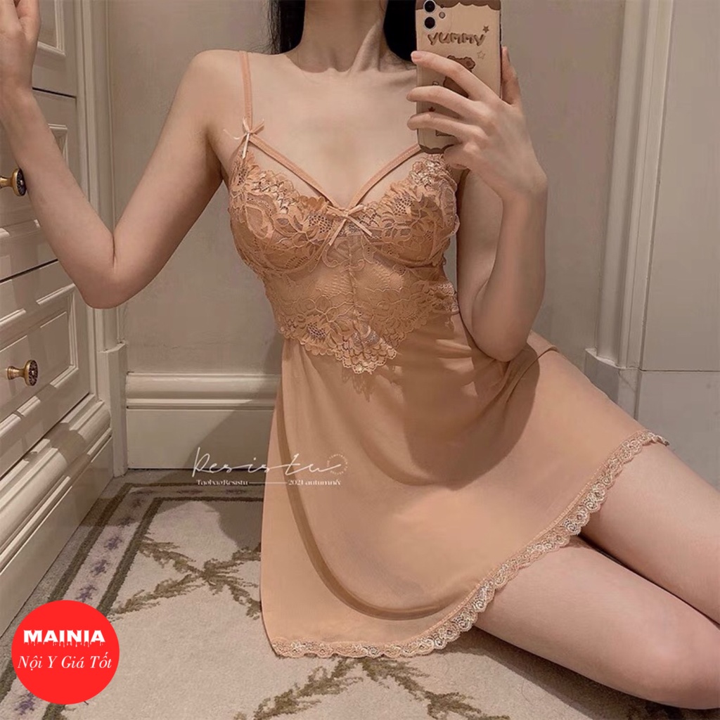 Đầm Ngủ Váy Ngủ Phối Ren Xuyên Thấu Hở Lưng Sexy Quyến Rũ Gợi Cảm Mainia Shop