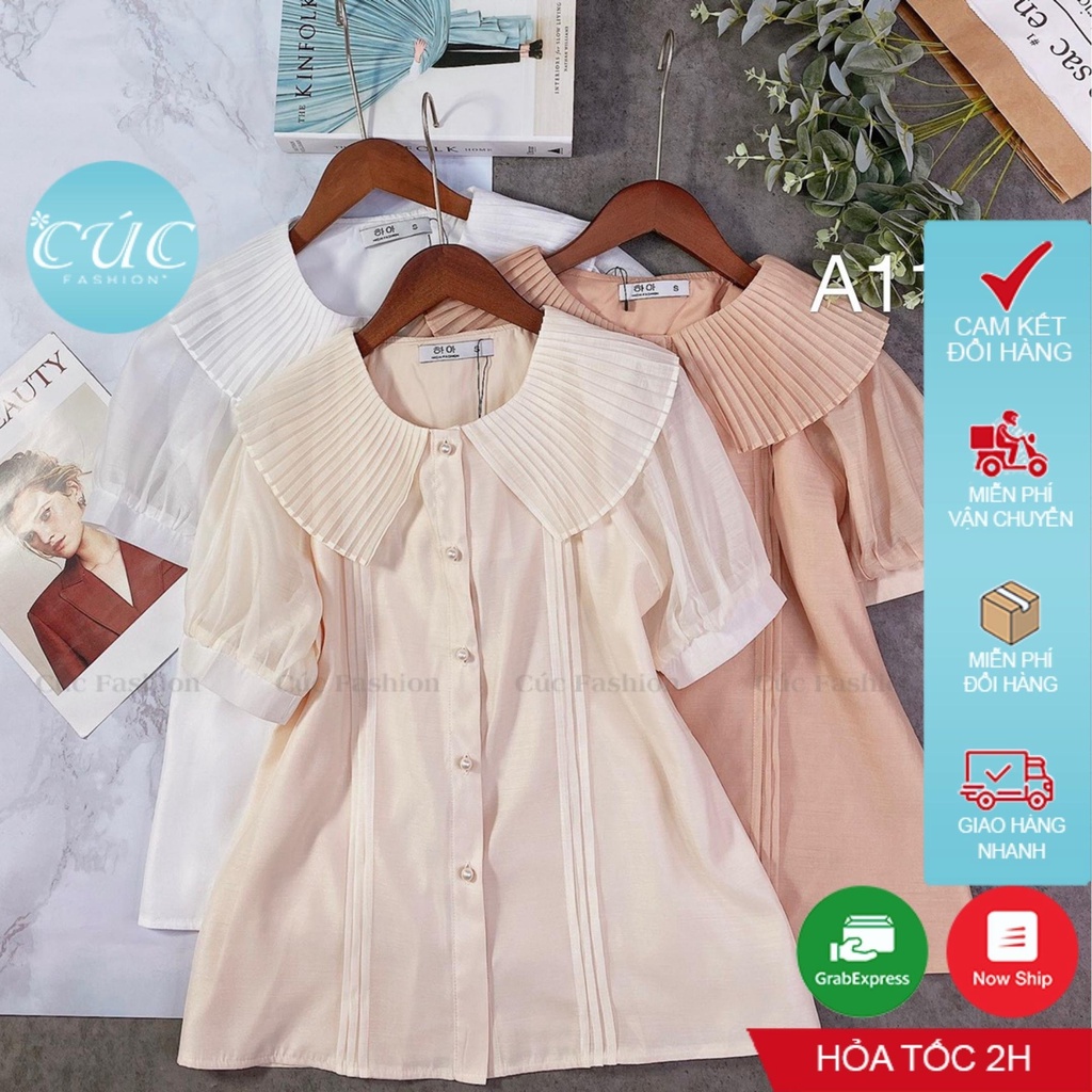 Áo sơ mi nữ CÚC FASHION somi tay ngắn cao cấp lụa đẹp kiểu xếp ly công sở trắng đi học áo cổ dập quạt A1108