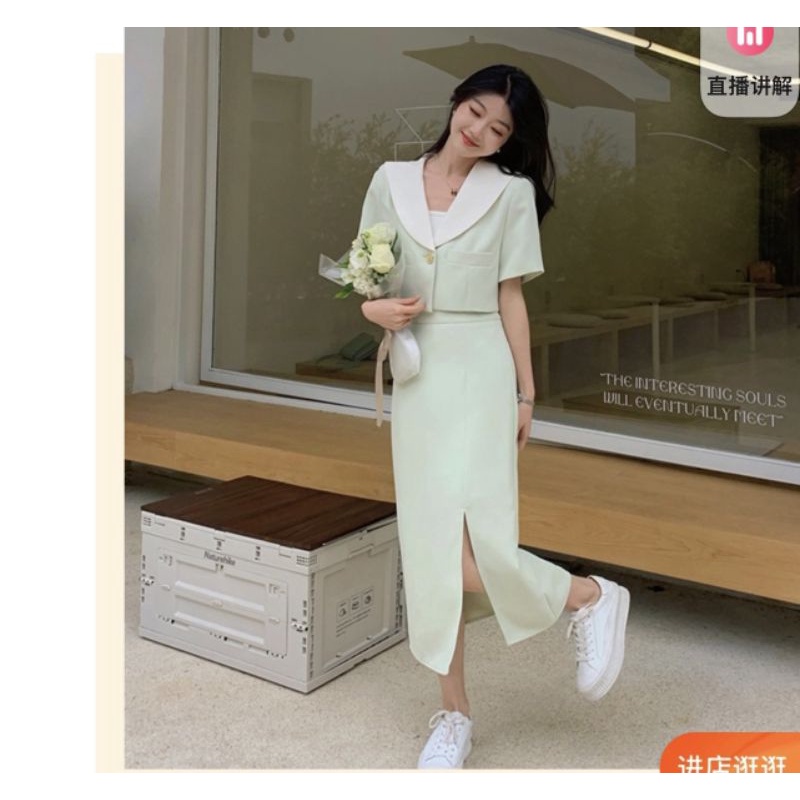 Set Áo Croptop Cổ Viền Trắng+Chân Váy Midi Xẻ Tà (có kèm áo lót trong)