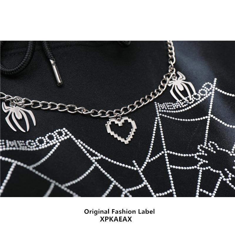 Xpkaeax Chính Hãng Áo Hoodie Nỉ Dày Lót Lông Cừu Lót Lông Cừu Thiết Kế Cảm Giác Mạng Nhện Đính Đá Phong Cách Đường Phố Cho