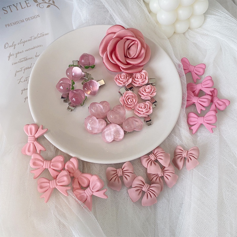 Kẹp Tóc Hình Trái Tim/Hoa Trà/Quả Đào Màu Hồng Xinh Xắn