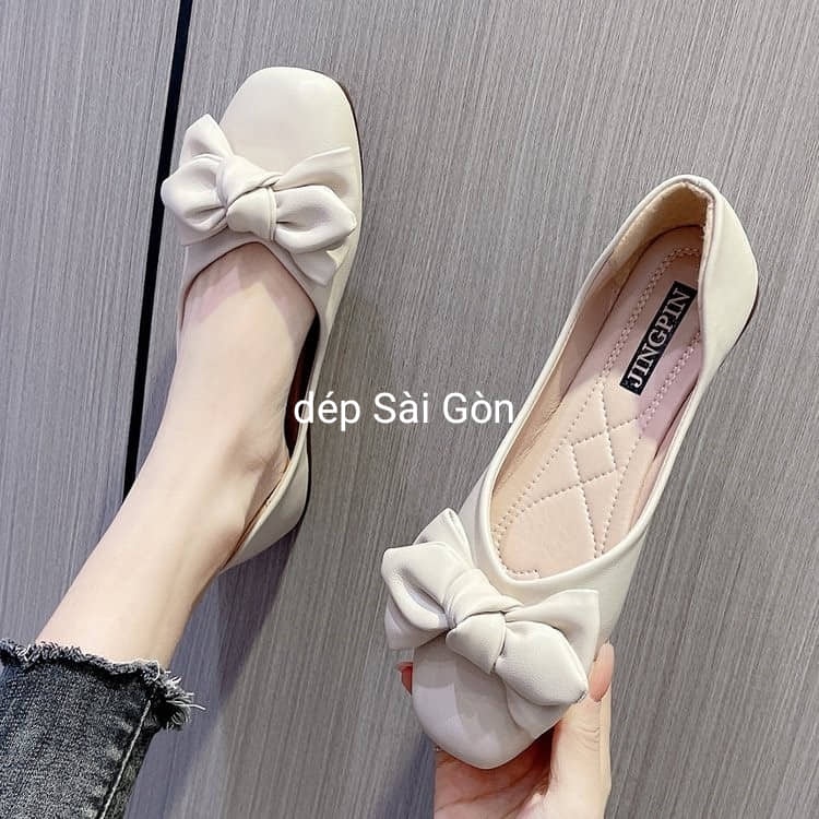 Giày Bệt Nữ Đế Bằng Đính Nơ Mũi vuông Xinh Xắn Mang Êm Chân.