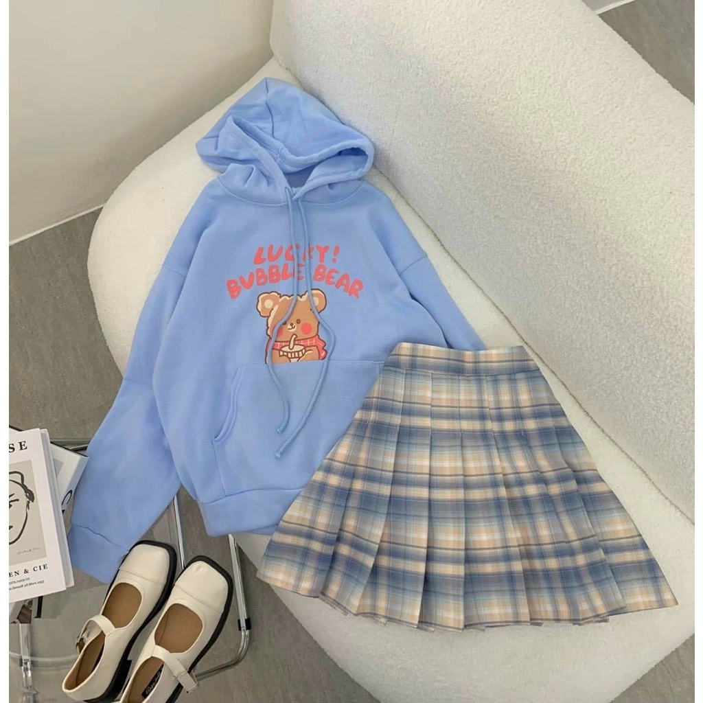 Set hoodie nữ, áo hoodie nữ có nón tông màu xanh trẻ trung kèm chân váy caro xếp ly dễ thương hàng cao cấp Diểm Shop | BigBuy360 - bigbuy360.vn