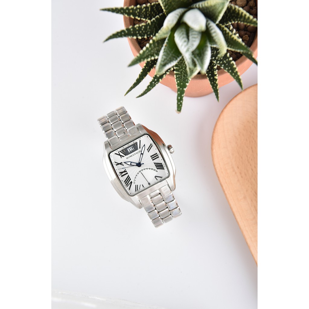 Đồng hồ Romanson Men Watch TM1273MWWH nam mặt chữ nhật kính chống xước, máy Thụy Sĩ, dây thép cao cấp chính hãng