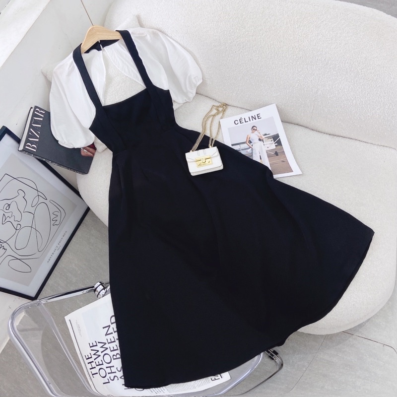ĐẦM ĐEN PHỐI TAY VOAN CỔ TRẮNG CUTOUT LƯNG