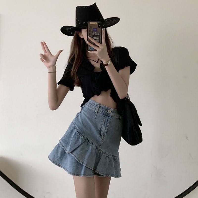 Chân váy bò jeans denim lưng cao phối đuôi cá bèo nhún phong cách cá tính