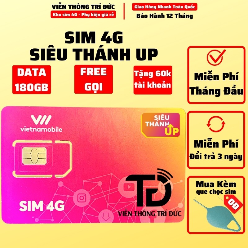 Sim 4G Vietnamobile Siêu Thánh Up Data (180Gb-120Gb) Không giới hạn tốc độ thường - Free gọi & nhắn tin - Sim 4G giá rẻ