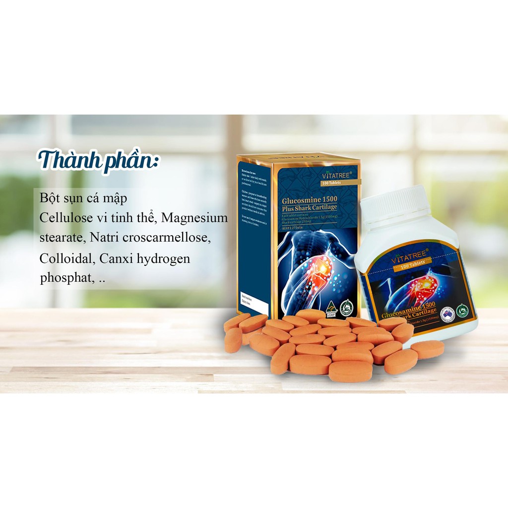 Viên Uống Bỏ Xương Khớp Vitatree Glucosamine plus shark cartilage 1500mg/100 Viên HÀNG ÚC CHÍNH HÃNG