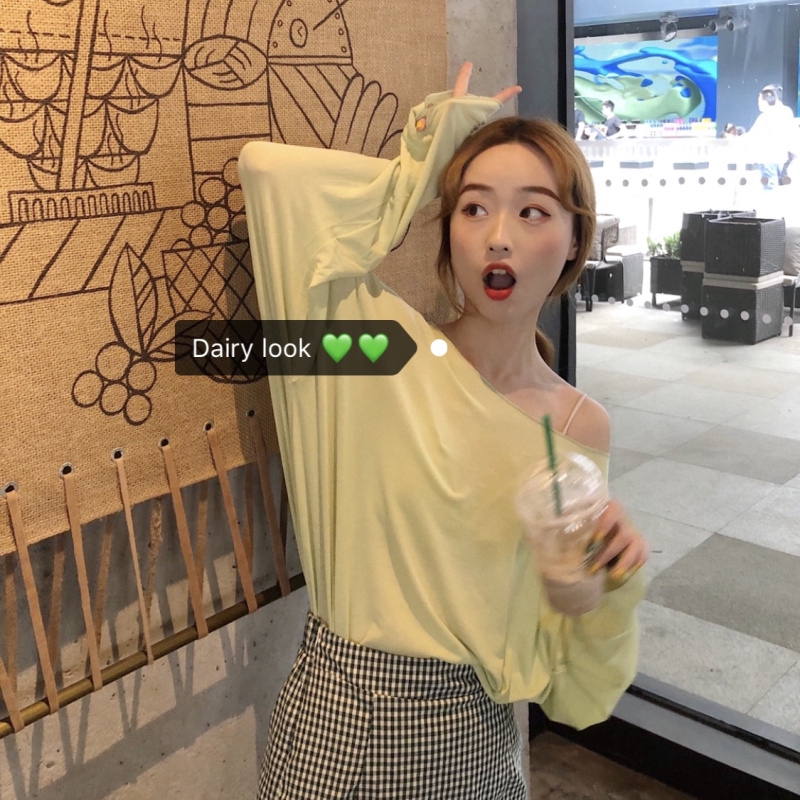 SUXI Áo thun tay dài màu trơn phong cách Hàn Quốc cho nữ