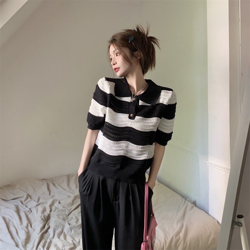 Áo thun ZHELIHANGFEI dệt kim cổ polo tay ngắn dáng rộng kẻ sọc ngang màu sắc tương phản cá tính