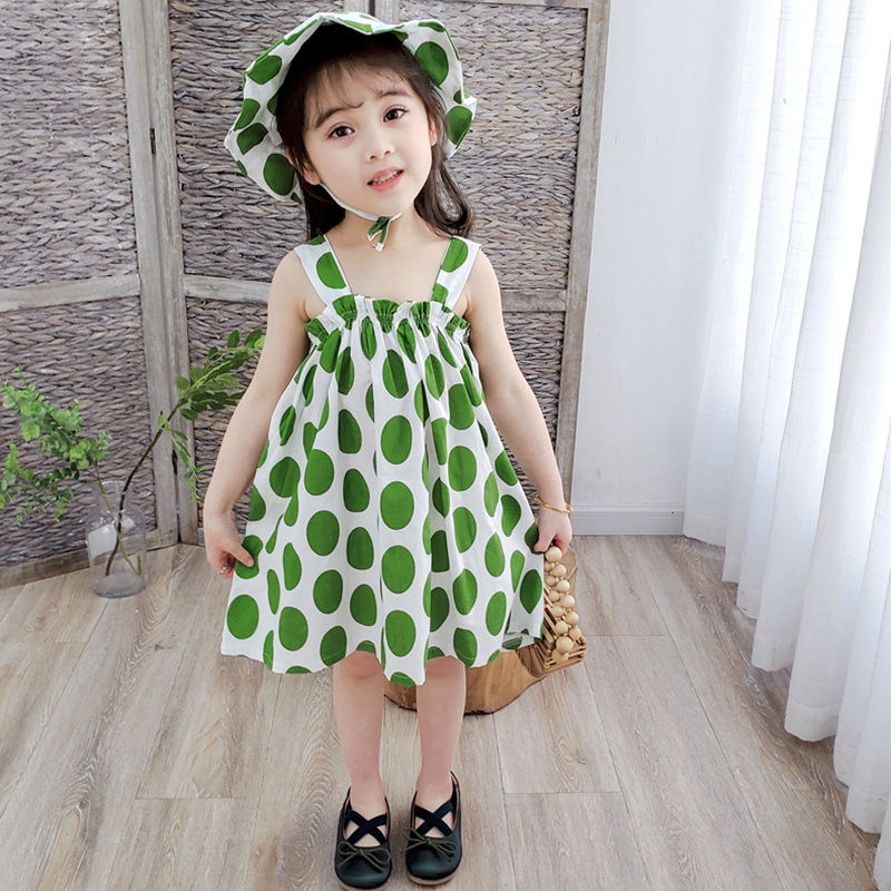 Bộ Đầm Yếm + Mũ Dễ Thương Phong Cách Hàn Quốc Thời Trang Đi Biển Mùa Hè Cho Bé Gái 1-4 Tuổi