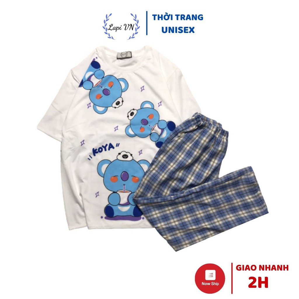 Set Đồ Bộ Mặc Nhà Quần Caro Ống Rộng Áo Thun Teddy Trắng Lapi VN, Nhiều Mẫu, Chất Vải Thoáng Mát,Form Rộng Freesize