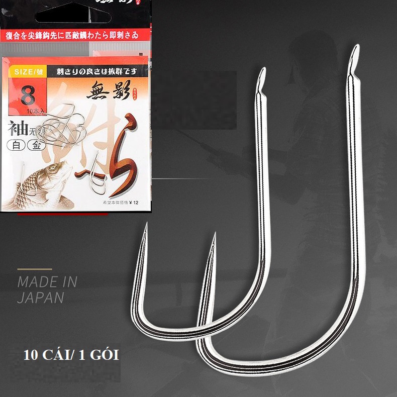 Lưỡi câu nhật lưỡi trắng móc không ngạnh, lưỡi câu thép carbon cao CC100, Số lượng móc câu mỗi gói 10 cái