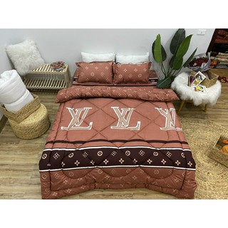Trọn Bộ Chăn Ga Gối Chần Phao 5 Món LV Hoa Nâu