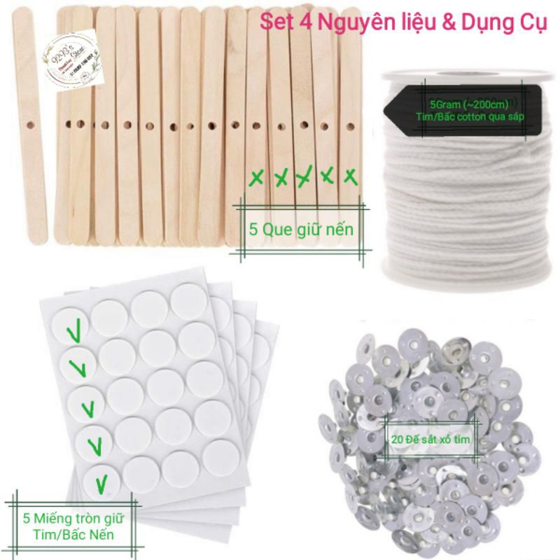 Set 5Gram (~200cm) Dây Tim/Bấc Cotton qua sáp, 20 đế tim kèm 5 Que kẹp và Decal dán Tim/Bấc-9293store- 9293nguyenlieu