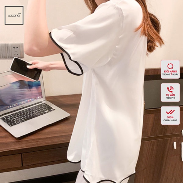 Bộ Pyjama Lụa Nữ Ngắn Tay Trơn Màu Trắng Thanh Lịch Thời Trang