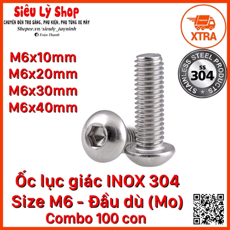 Bulong Ốc lục giá INOX 304 - Size M6 Đầu dù tròn