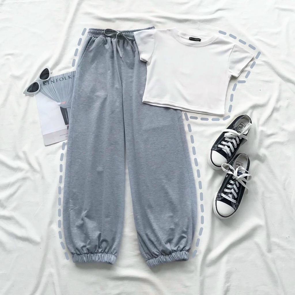 Set Áo Croptop ôm tay ngắn + Quần jogger nữ dáng rộng chất nỉ  năng động❤FREESHIP❤ Set áo croptop kè