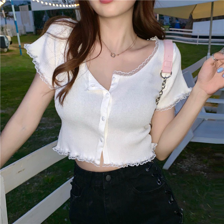 Áo Thun tay ngắn Viền ren chất thun Gân tăm dày dặn xinh đẹp  -Thời Trang VADA  (AT19)