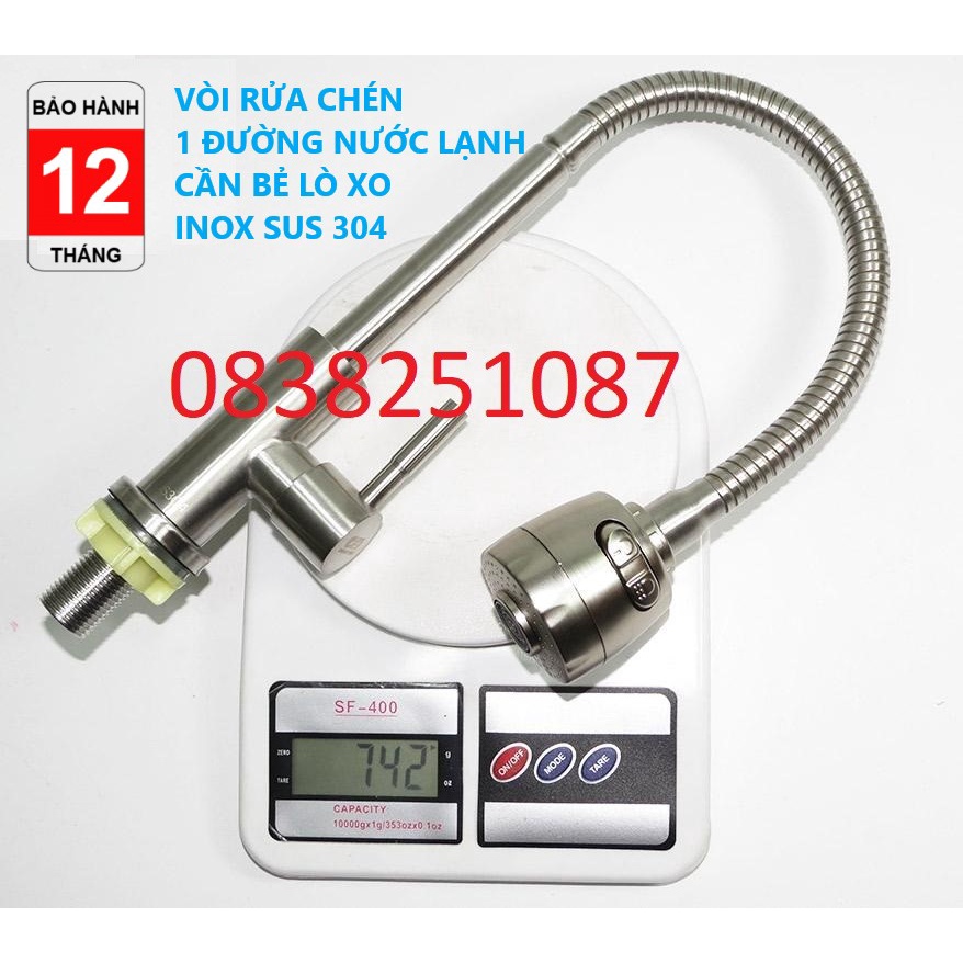 Vòi chén lạnh dẻo inox304, đầu chỉnh nước lớn. BH 1 năm