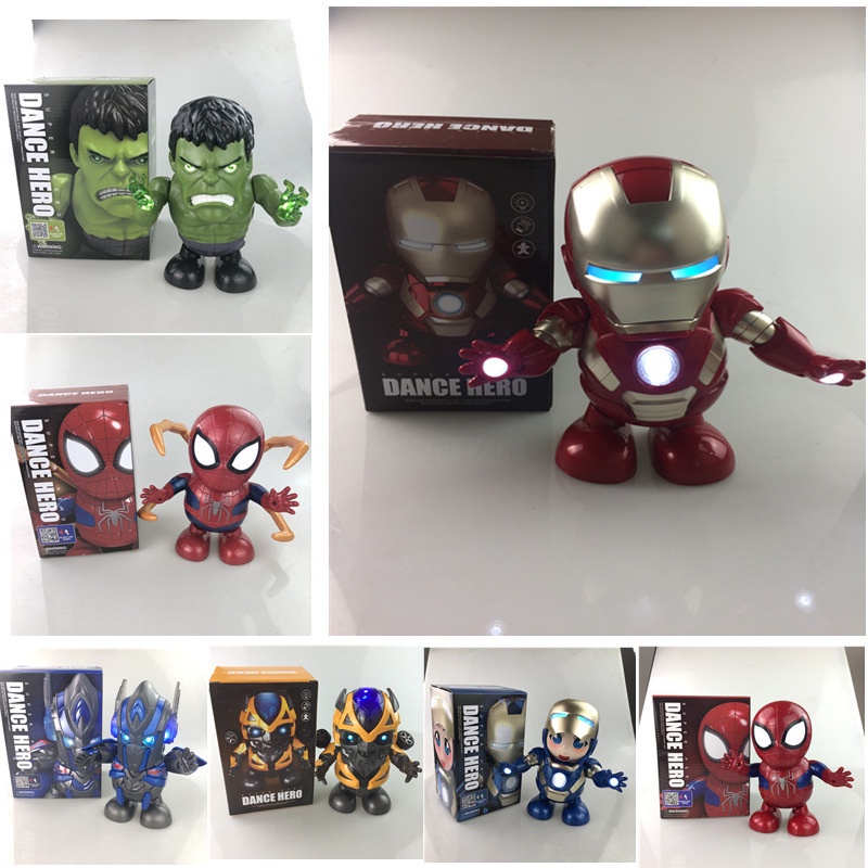 Robot đồ chơi nhảy múa cho bé, siêu anh hùng Ironman người nhiện spiderman phát nhạc cho trẻ em