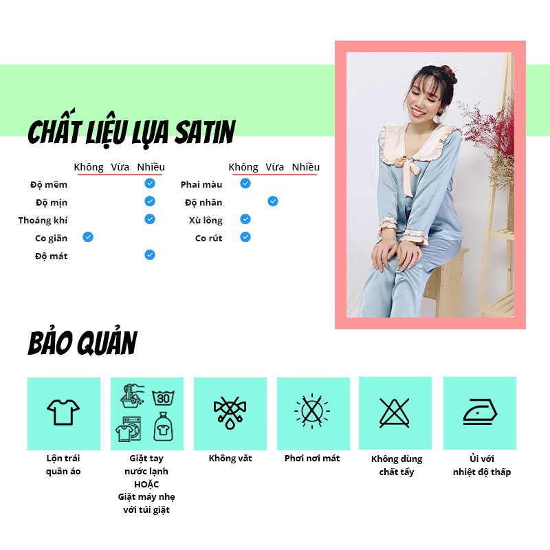 Đồ bộ nữ SBORG kiểu cute mặc nhà chất lụa satin cổ bèo nơ tay dài viền dún có túi freesize quà tặng vợ