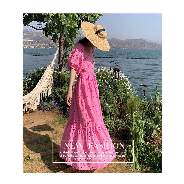 Đầm Dài Dáng Rộng Tay Phồng Cổ Chữ V Khoét Sâu Phong Cách Bohemian Thời Trang Mùa Hè 2022 Chất Lượng Cao Cho Nữ