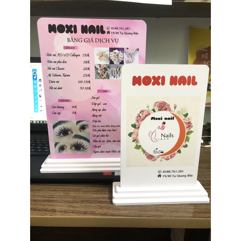 Menu để bàn có đế, bảng giá Spa, Nail Mi in uv theo yêu cầu 2 mặt 20x30 cm miến phí thiết kế