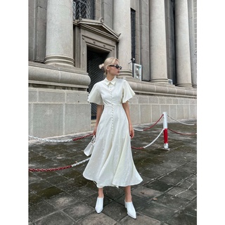 FINI8_ Đầm cổ sơ mi , vải hoa dài nút bọc ứng dụng cao Lily Dress