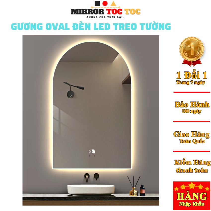 Gương để bàn trang điểm hình mái vòm có đèn led cảm ứng 3 màu, treo tường nhà tắm kích thước 50x75cm MIRRORTOCTOC