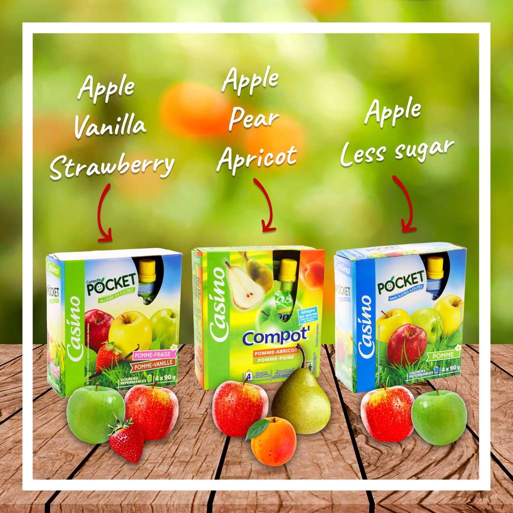 Mứt Táo Casino Hộp 4 Túi x 90g (Ít đường &lt;30%) Nhập Khẩu - Casino Compote Pocket Allégée en Sucres Pomme