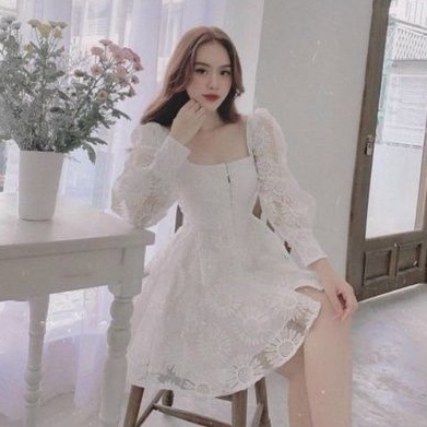 Đầm trắng xòe hoa ren nổi cổ vuông tiểu thư, Váy đầm Đẹp