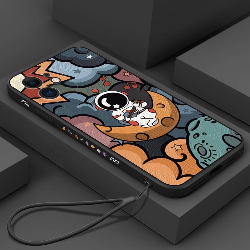Ốp Điện Thoại Silicon Mềm Hình Phi Hành Gia Graffiti Gắn Dây Đeo Cho iPhone 14 13 12 11 Pro Max XS Max XR X 8 7 Plus