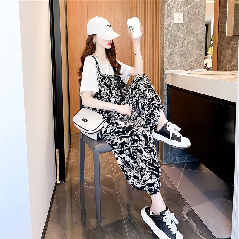Bộ Áo Thun Cotton + Quần Yếm Dáng Rộng Thời Trang Mùa Hè 2022 Cho Nữ