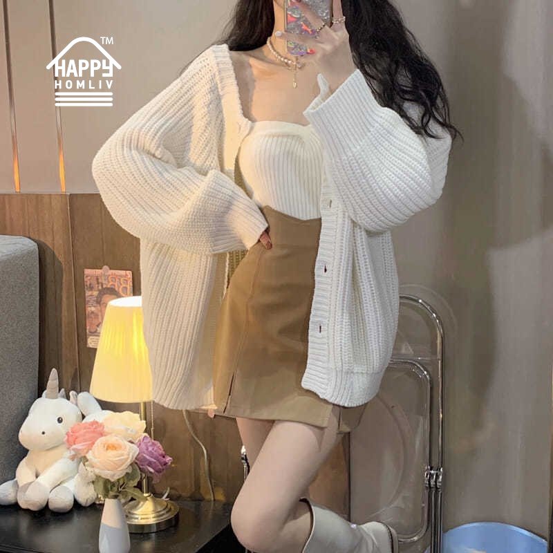 Set Áo Khoác Cardigan Hai Dây + Áo Khoác Cardigan Dệt Kim Màu Trơn Thời Trang